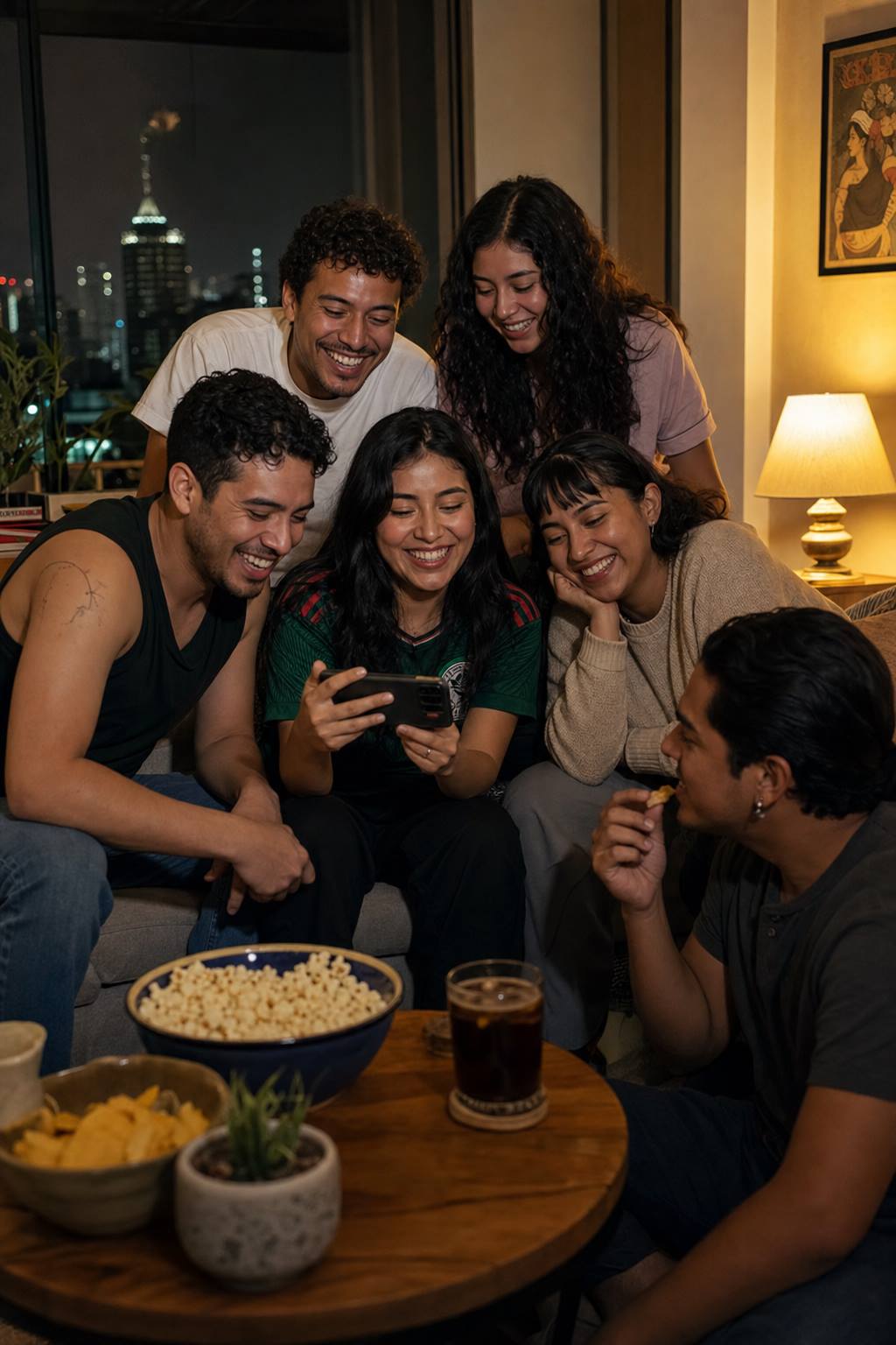 Familia mexicana viendo novelas cortas en el celular